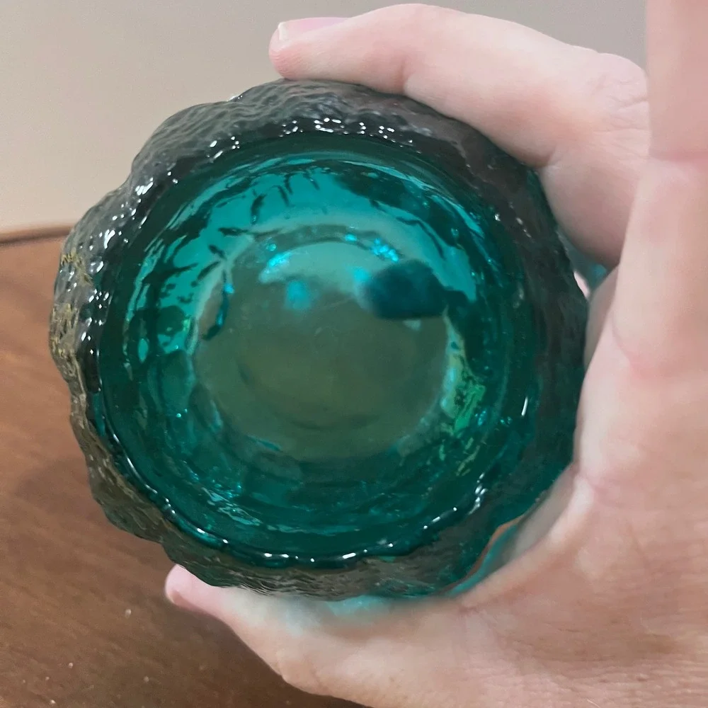 Vtg LE Smith Snowball Votive‎ Teal Blue Textured Glass MCM Candle Holder 3